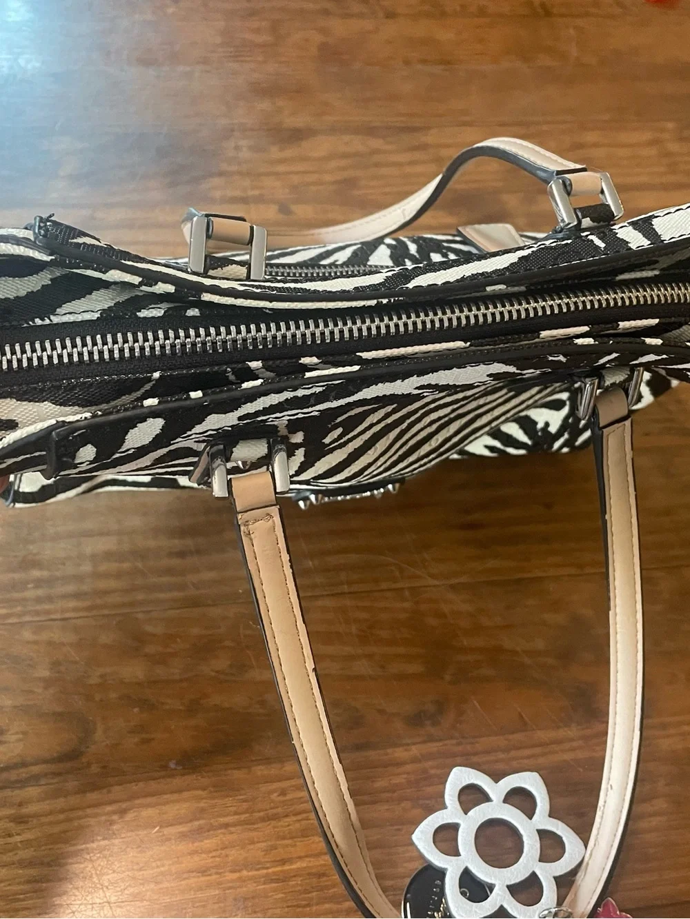 GUESS Zebra-Print Tote with Flower Charm Bag Purse Stylish